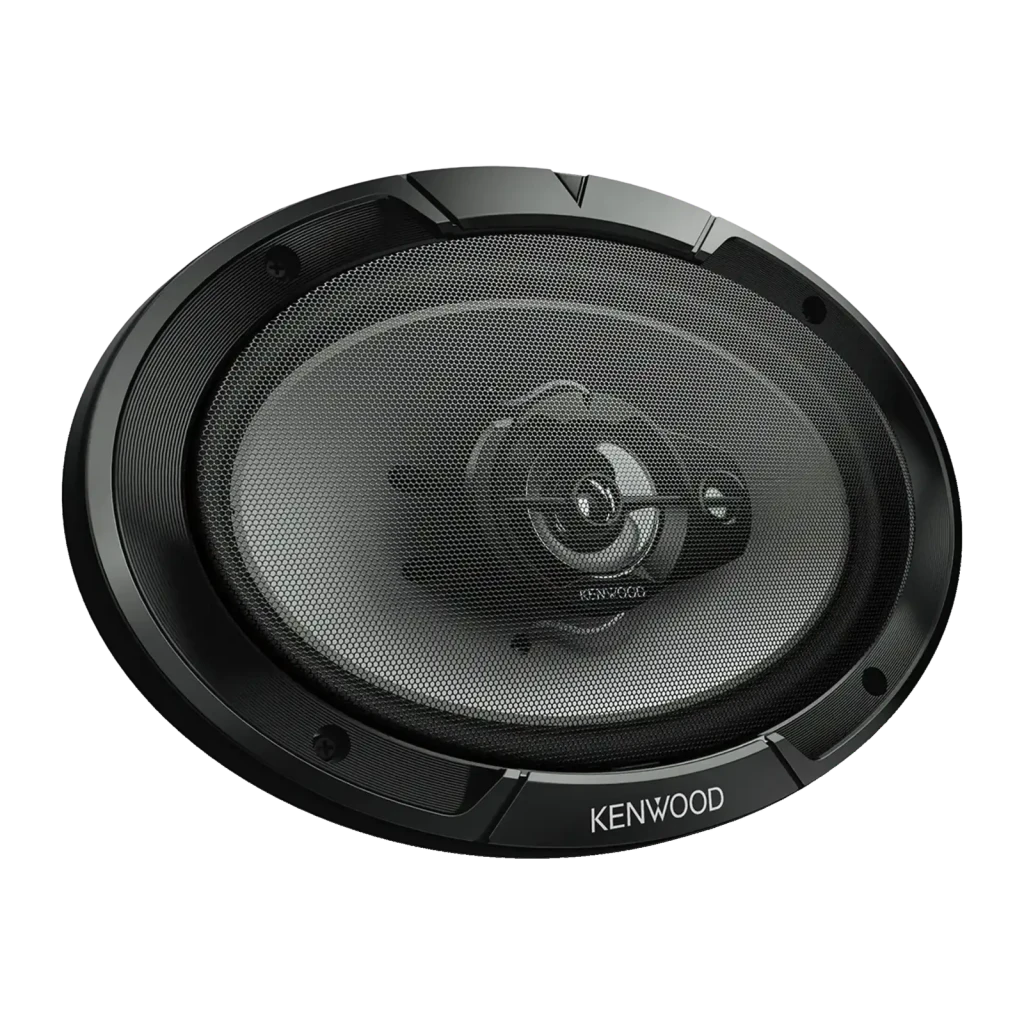 Altavoces de coche Kenwood 3 vías 45W RMS Negro KFC-S6967, vista frontal: rejilla ovalada negra con tweeter central y logo