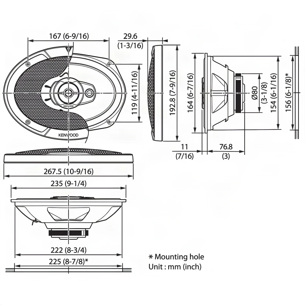 Altavoces de coche Kenwood 3 vías 45W RMS Negro KFC-S6967, diagrama técnico: dimensiones en mm e inches desde vista frontal