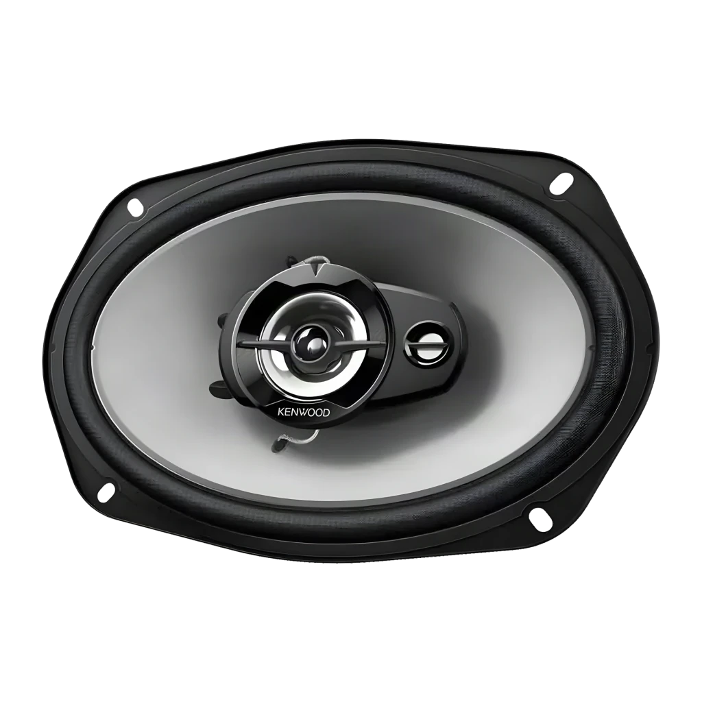 Altavoces de coche Kenwood 3 vías 45W RMS Negro KFC-S6967, detalle: cono gris, tweeter central y logo Kenwood visibles