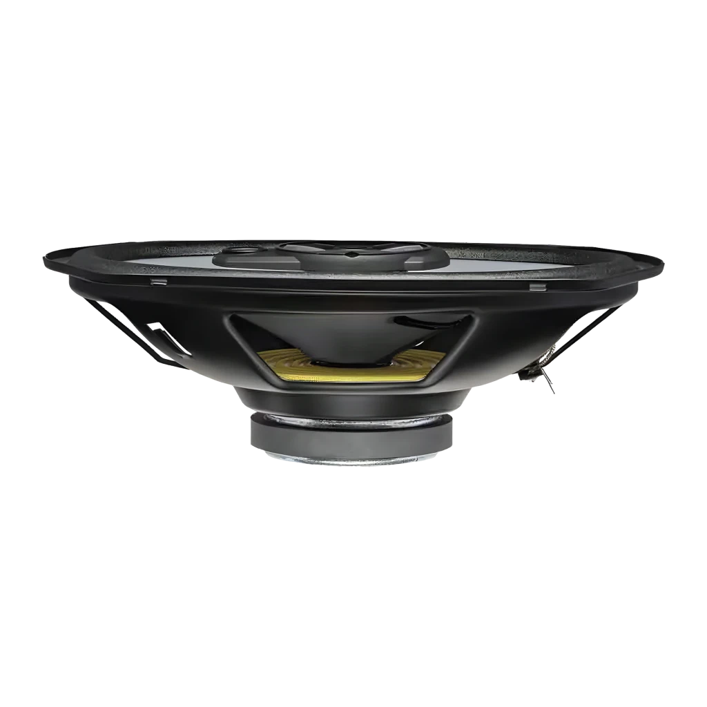 Altavoces de coche Kenwood 3 vías 45W RMS Negro KFC-S6967, detalle lateral: bobina amarilla, cestillo y perfil oval visibles