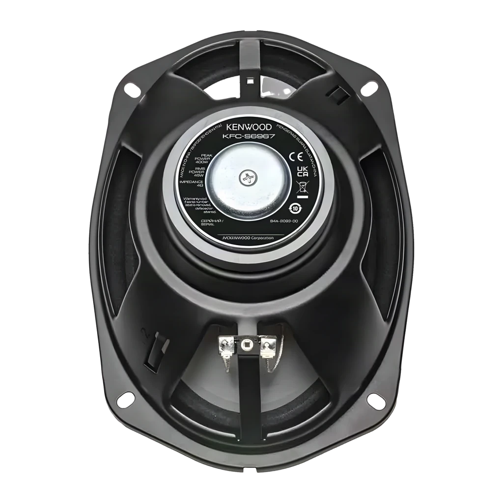Altavoces de coche Kenwood 3 vías 45W RMS Negro KFC-S6967, vista trasera: imán central, etiqueta con especificaciones