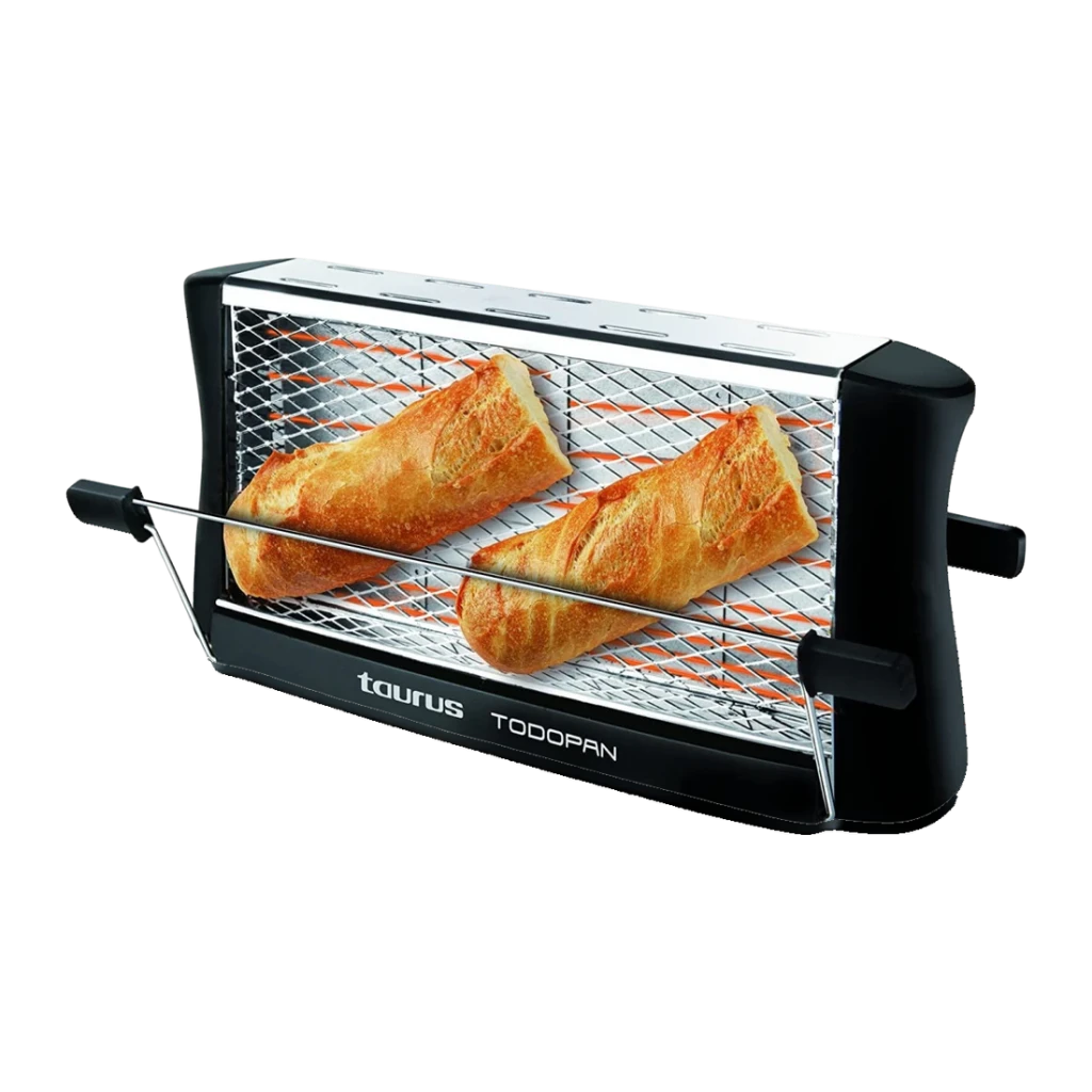 Grille-pain Taurus Todopan 700W 2 Fentes Noir, détail: grille ouverte avec morceaux de baguette grillant sur les résistances