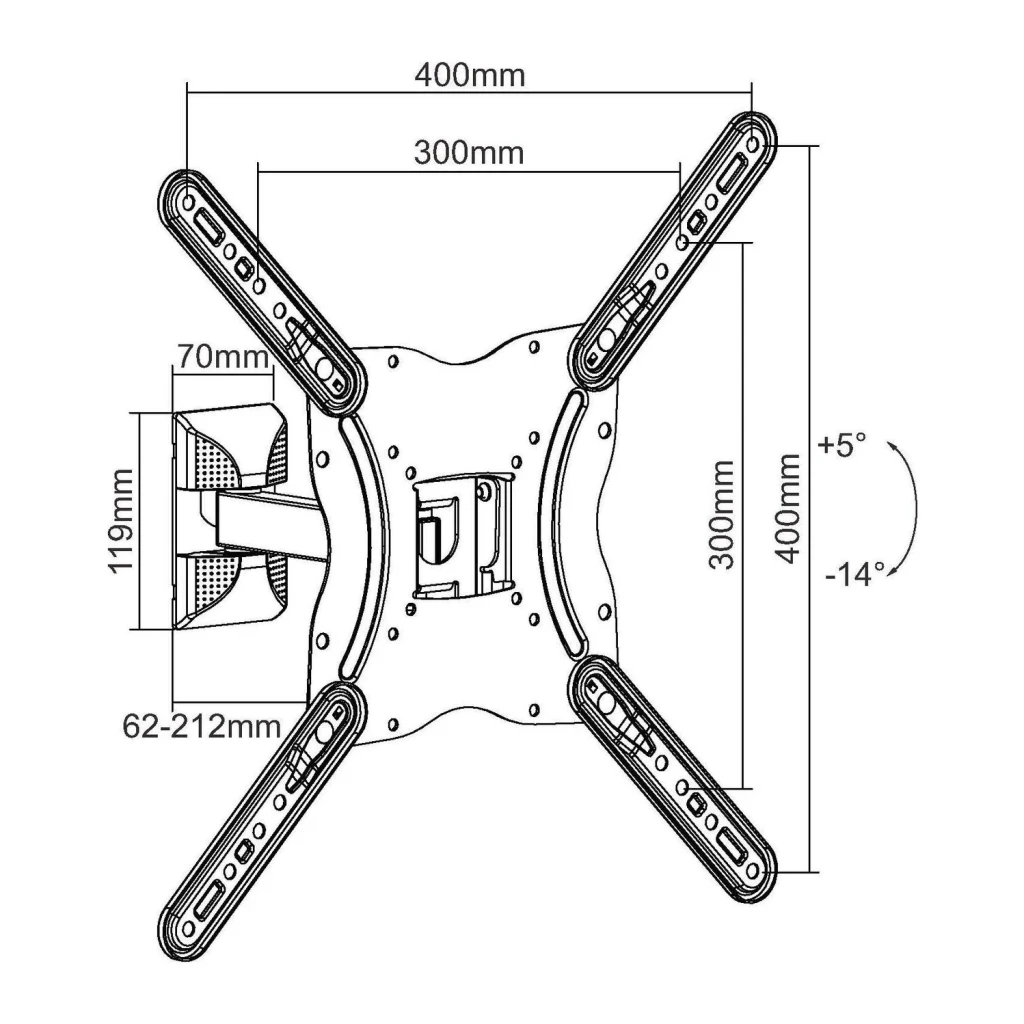 Suporte TV Equip Preto Parede Giratório e Inclinável 23 polegadas-55 polegadas 650406, diagrama técnico: cotas VESA