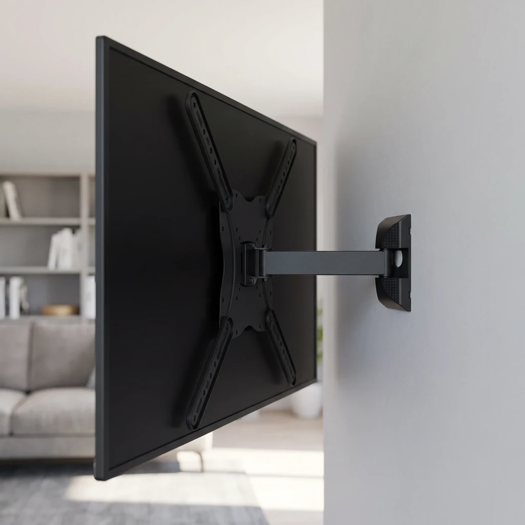 Suporte TV Equip Preto Parede Giratório e Inclinável 23 polegadas-55 polegadas 650406, em uso: braço articulado fixado à