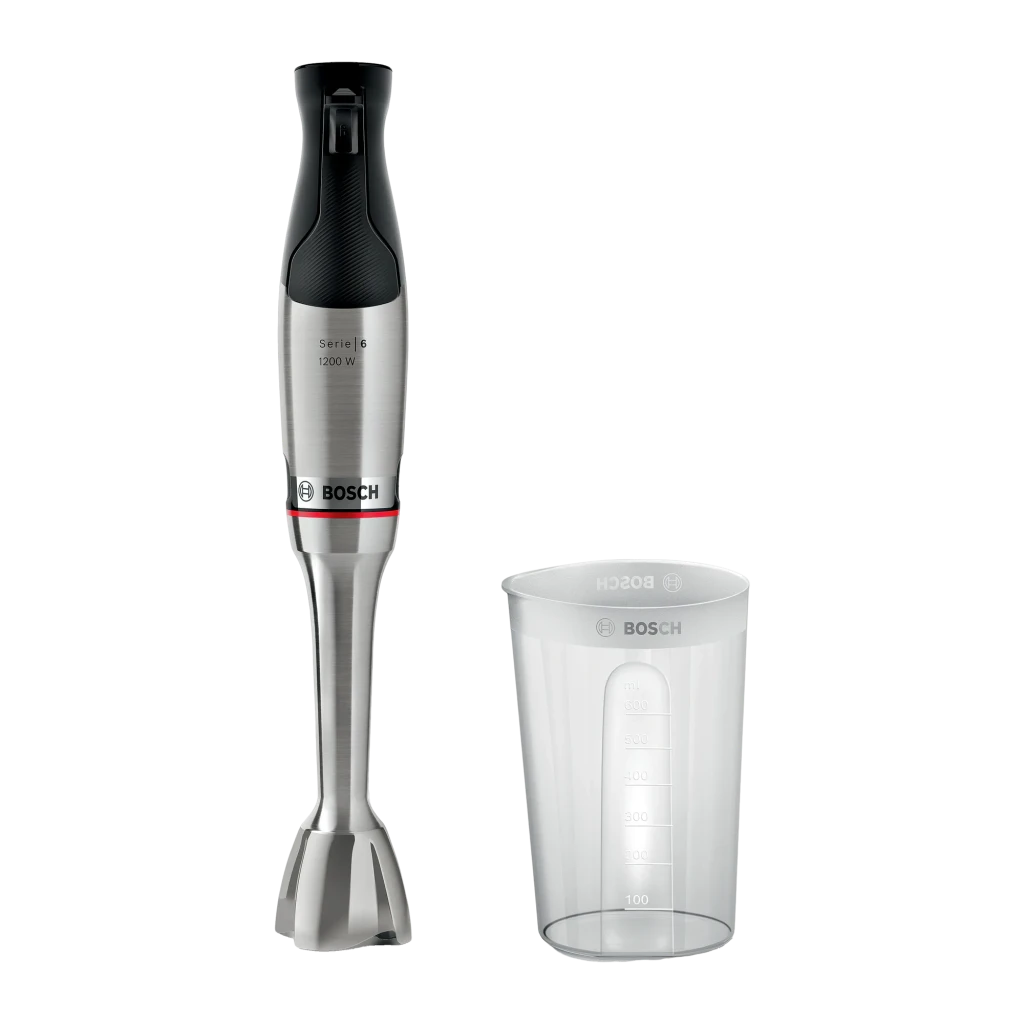 Batidora de mano Bosch Serie 6 0,6L 1200W Acero Inoxidable MSM6M810, vista frontal: cuerpo inox con mango negro, logo y vaso