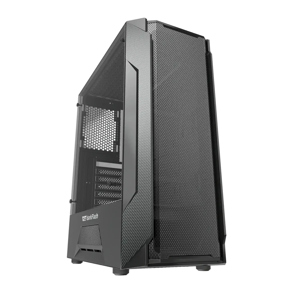 Caja PC darkFlash LEO Cristal Templado ATX/mATX/ITX 240mm Radiador Negro, vista frontal: panel frontal mesh hexagonal