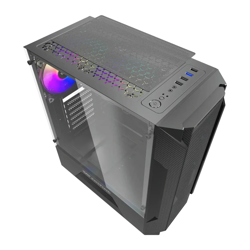 Caja PC darkFlash LEO Cristal Templado ATX/mATX/ITX 240mm Radiador Negro, detalle: vista en perspectiva superior