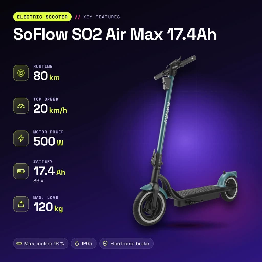 Trottinette électrique SoFlow SO2 Air Max 17.4Ah 500W 80km 20km/h - caractéristiques