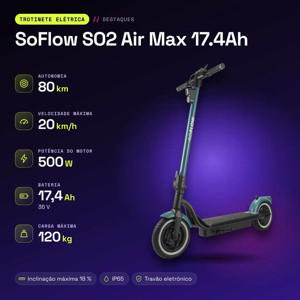 Trottinette électrique SoFlow SO2 Air Max 17.4Ah 500W 80km 20km/h - caractéristiques