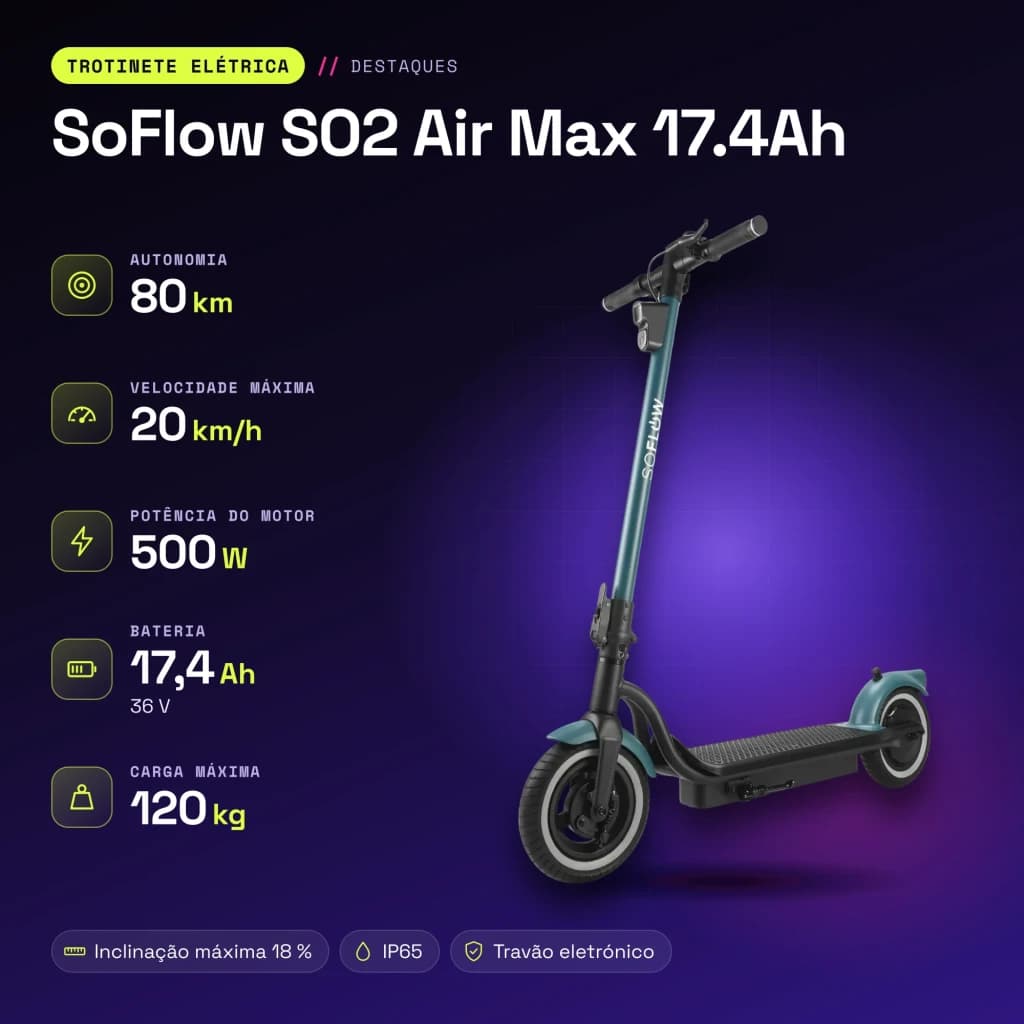 Trottinette électrique SoFlow SO2 Air Max 17.4Ah 500W 80km 20km/h - caractéristiques