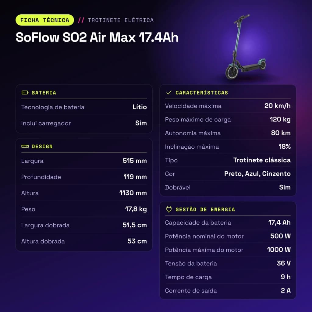 Trottinette électrique SoFlow SO2 Air Max 17.4Ah 500W 80km 20km/h - caractéristiques
