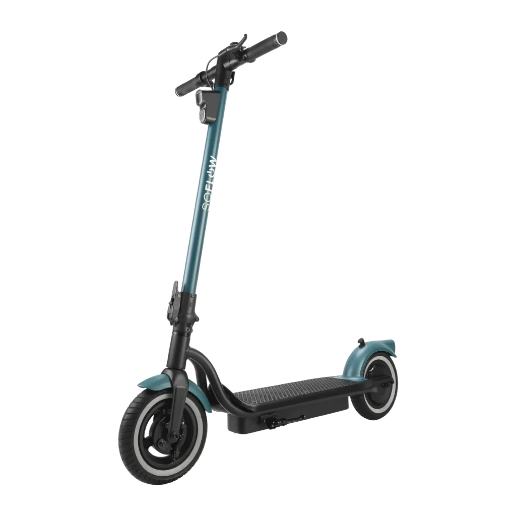Trottinette électrique SoFlow SO2 Air Max 17.4Ah 500W 80km 20km/h, vue de face: guidon, potence bleu-vert avec logo, plateau