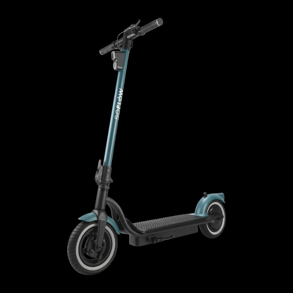 Trottinette électrique SoFlow SO2 Air Max 17.4Ah 500W 80km 20km/h, vue de face: guidon, potence bleu-vert avec logo, plateau