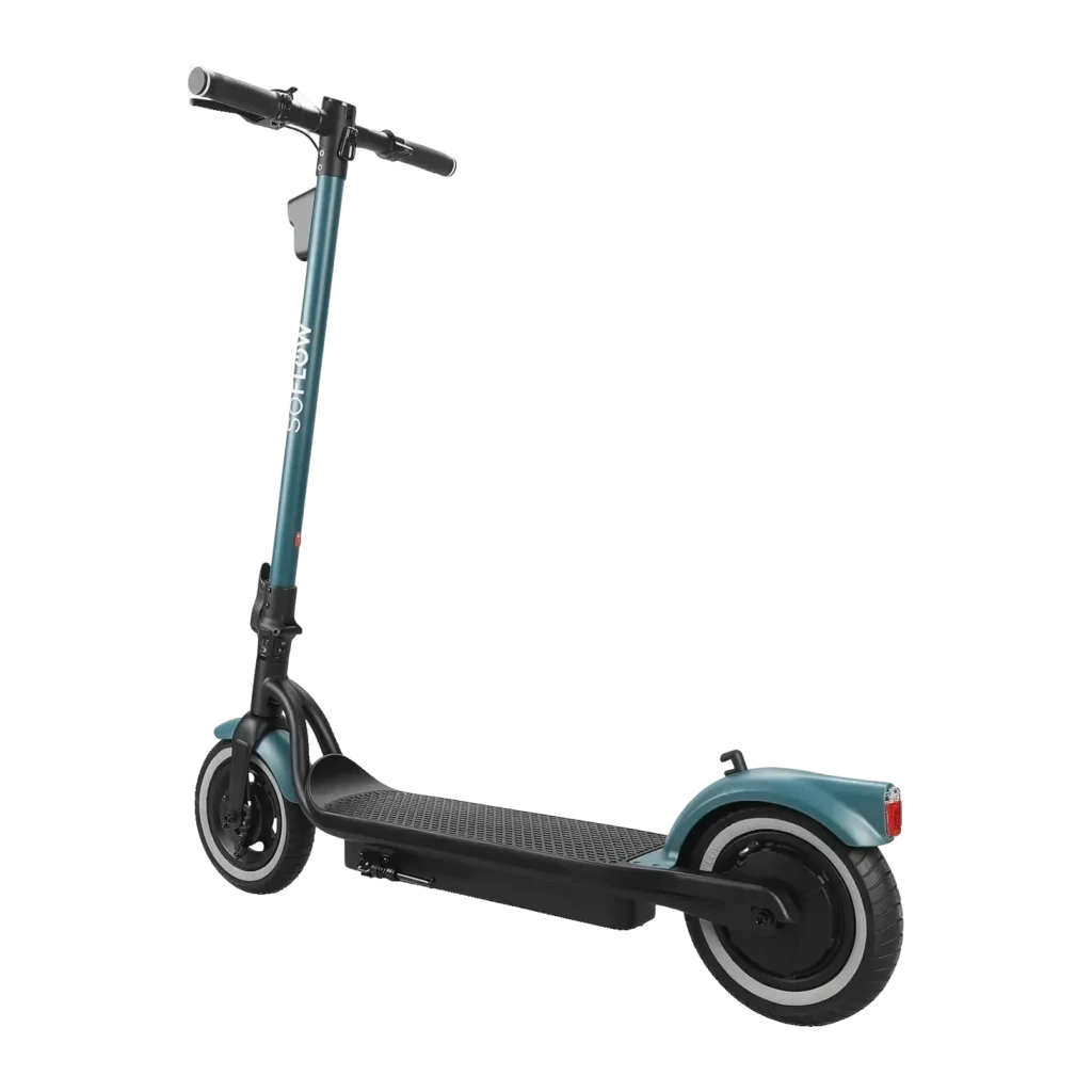 Trottinette électrique SoFlow SO2 Air Max 17.4Ah 500W 80km 20km/h, vue arrière: côté droit avec garde-boue bleu-vert et feu