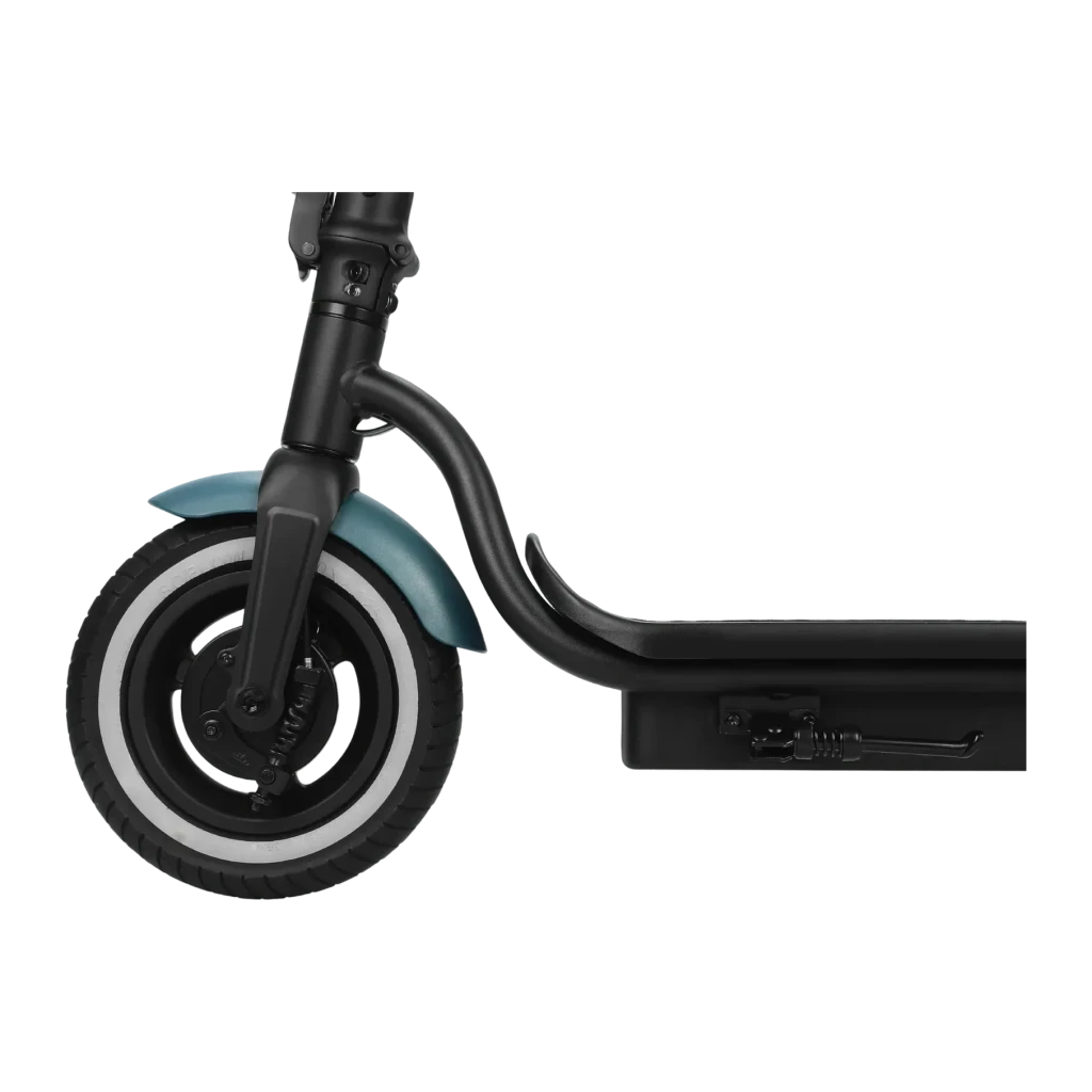 Trottinette électrique SoFlow SO2 Air Max 17.4Ah 500W 80km 20km/h, détail: roue avant avec garde-boue bleu, fourche