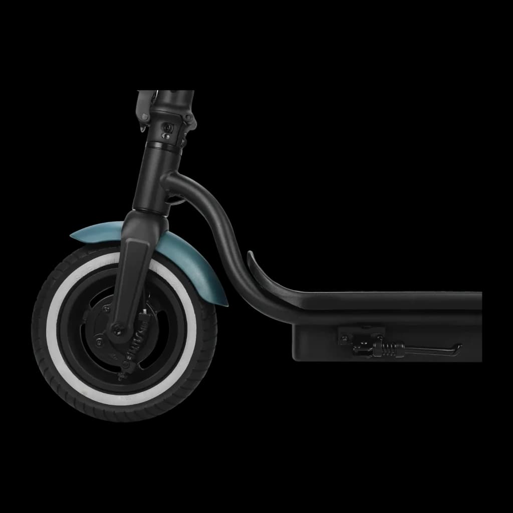 Trottinette électrique SoFlow SO2 Air Max 17.4Ah 500W 80km 20km/h, détail: roue avant avec garde-boue bleu, fourche
