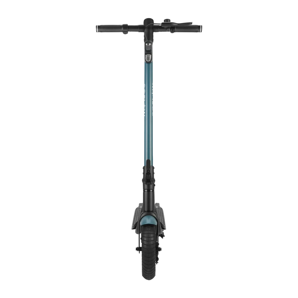 Trottinette électrique SoFlow SO2 Air Max 17.4Ah 500W 80km 20km/h, détail avant: guidon, tige bleu-vert et roue avant
