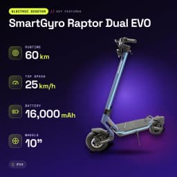 Trottinette Électrique SmartGyro Raptor Dual EVO 2x1000W 60km 25km/h 10 pouces Noir/Bleu - caractéristiques
