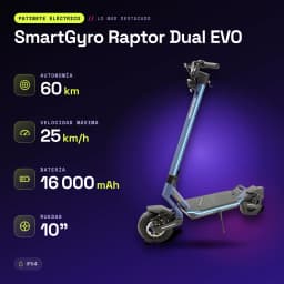 Trottinette Électrique SmartGyro Raptor Dual EVO 2x1000W 60km 25km/h 10 pouces Noir/Bleu - caractéristiques