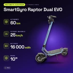 Trottinette Électrique SmartGyro Raptor Dual EVO 2x1000W 60km 25km/h 10 pouces Noir/Bleu - caractéristiques