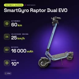 Trottinette Électrique SmartGyro Raptor Dual EVO 2x1000W 60km 25km/h 10 pouces Noir/Bleu - caractéristiques