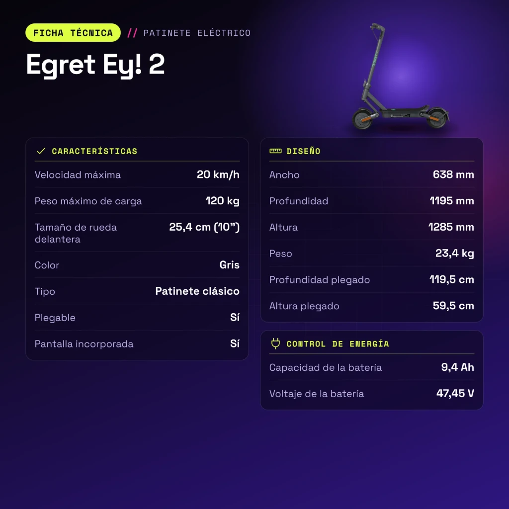 Patinete eléctrico Egret Ey! 2 20km/h 10 pulgadas Gris - características
