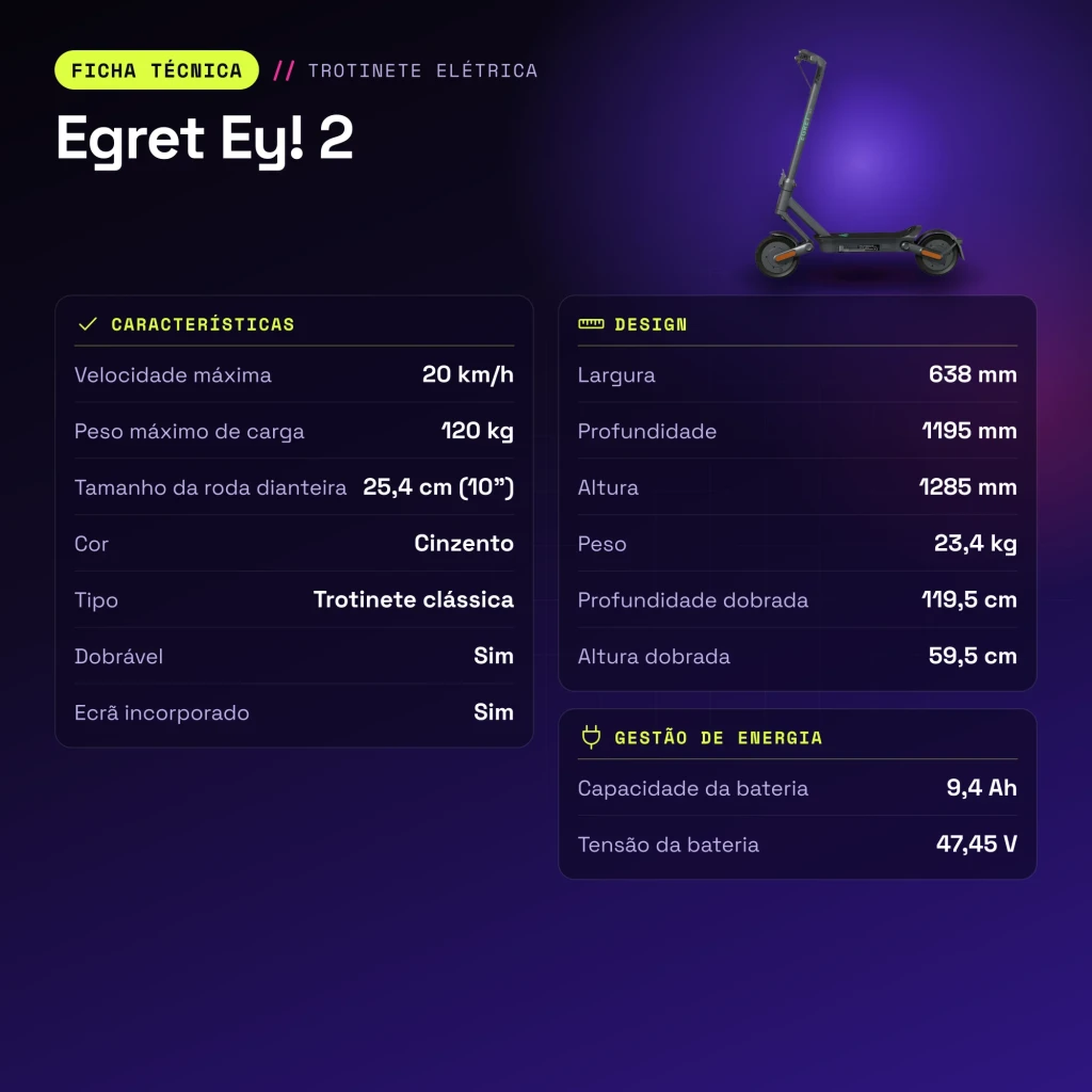 Patinete eléctrico Egret Ey! 2 20km/h 10 pulgadas Gris - características