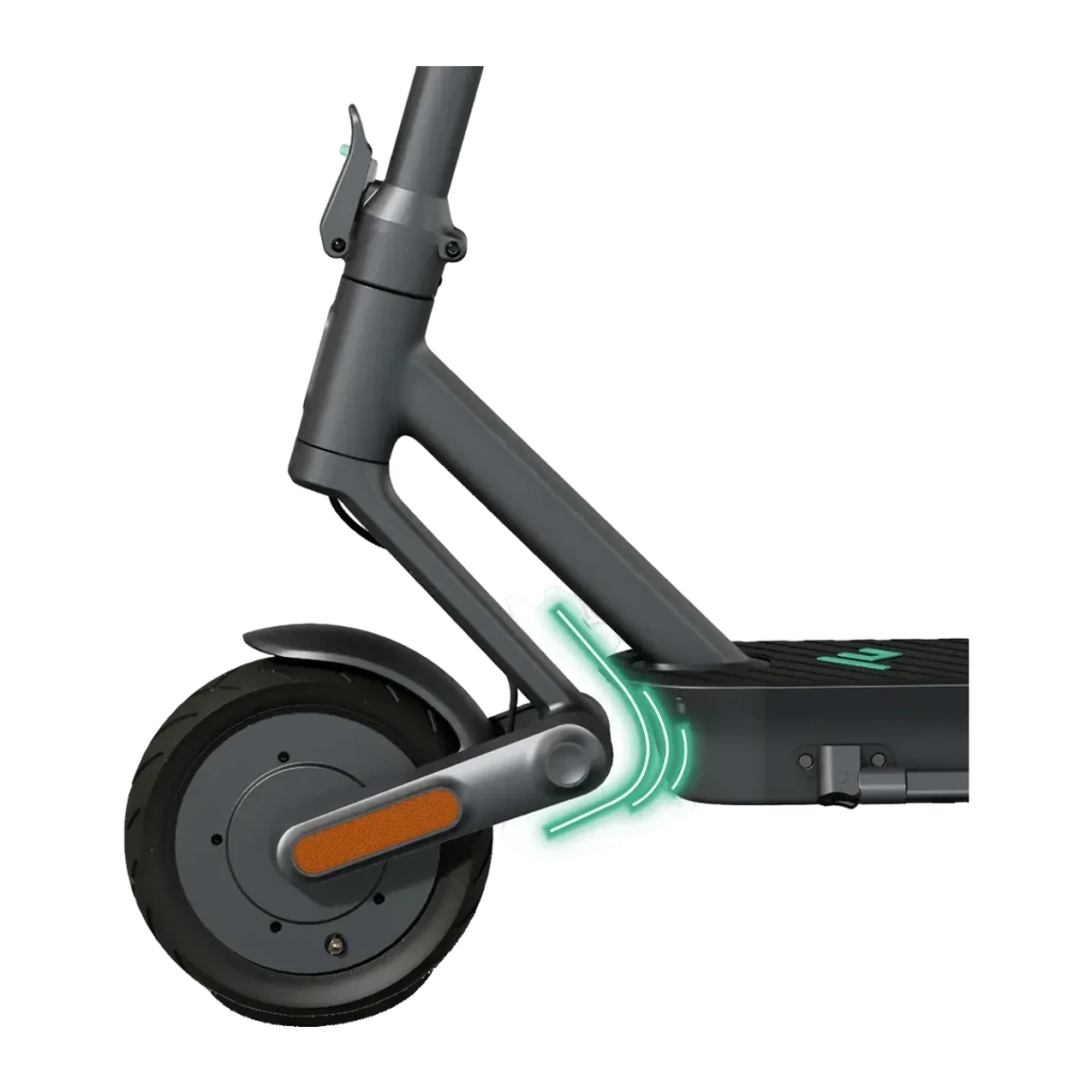 Patinete eléctrico Egret Ey! 2 20km/h 10 pulgadas Gris, detalle: rueda trasera con luz verde en bisagra de plegado