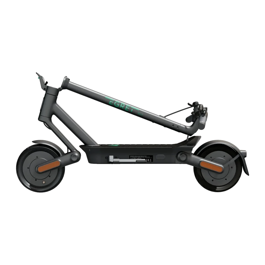 Patinete eléctrico Egret Ey! 2 20km/h 10 pulgadas Gris, detalle lateral: chasis triangular, logo verde, ruedas de 10"