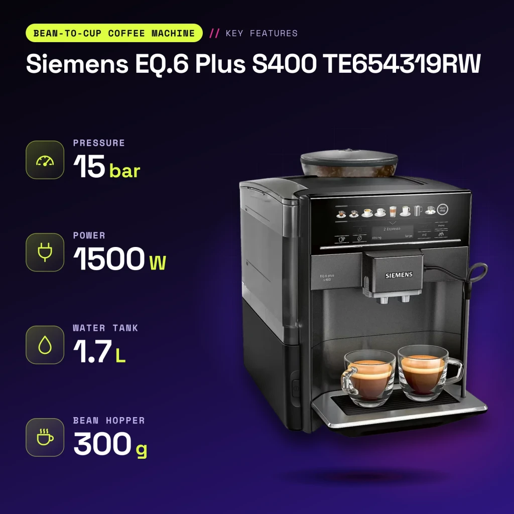 Cafetera Superautomática Siemens EQ.6 Plus S400 TE654319RW Molinillo Integrado Negro - características