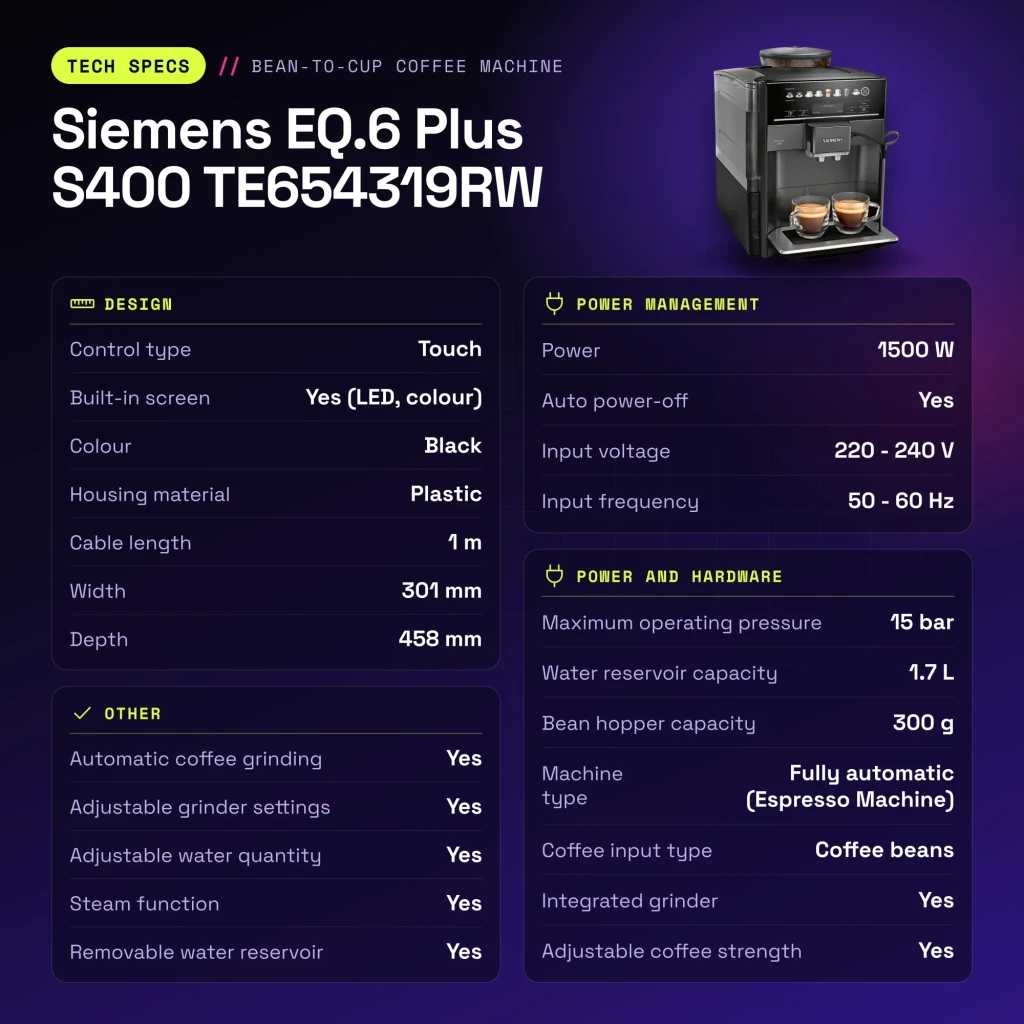 Cafetera Superautomática Siemens EQ.6 Plus S400 TE654319RW Molinillo Integrado Negro - características