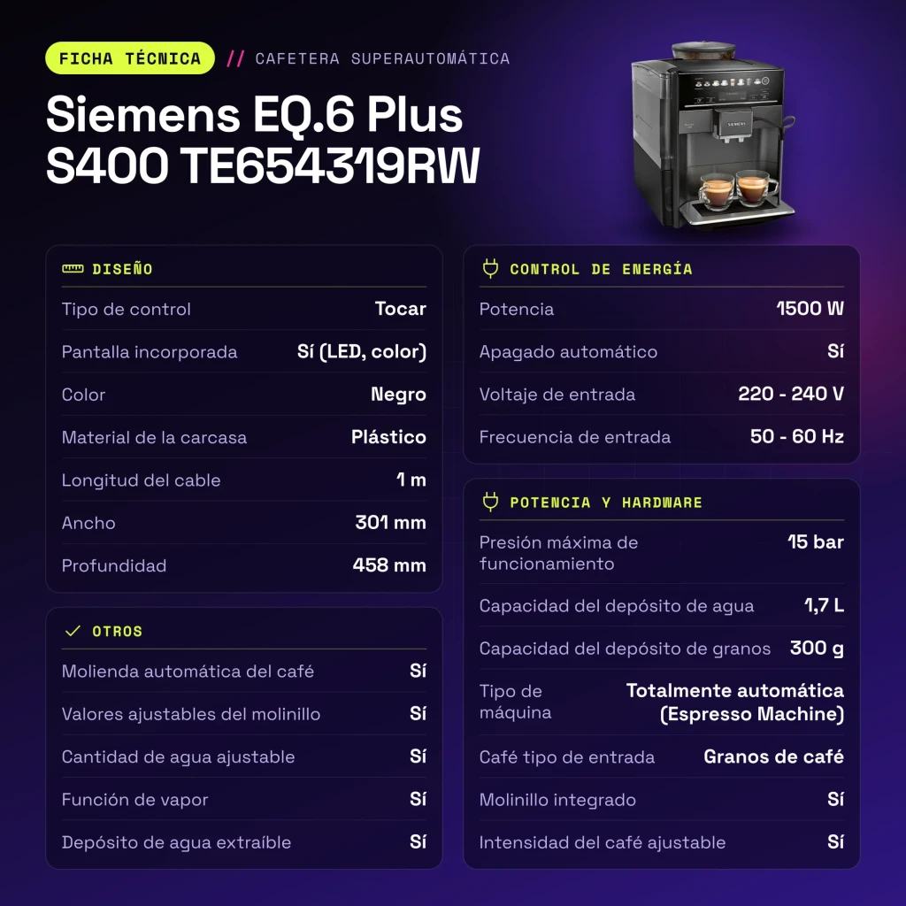 Cafetera Superautomática Siemens EQ.6 Plus S400 TE654319RW Molinillo Integrado Negro - características