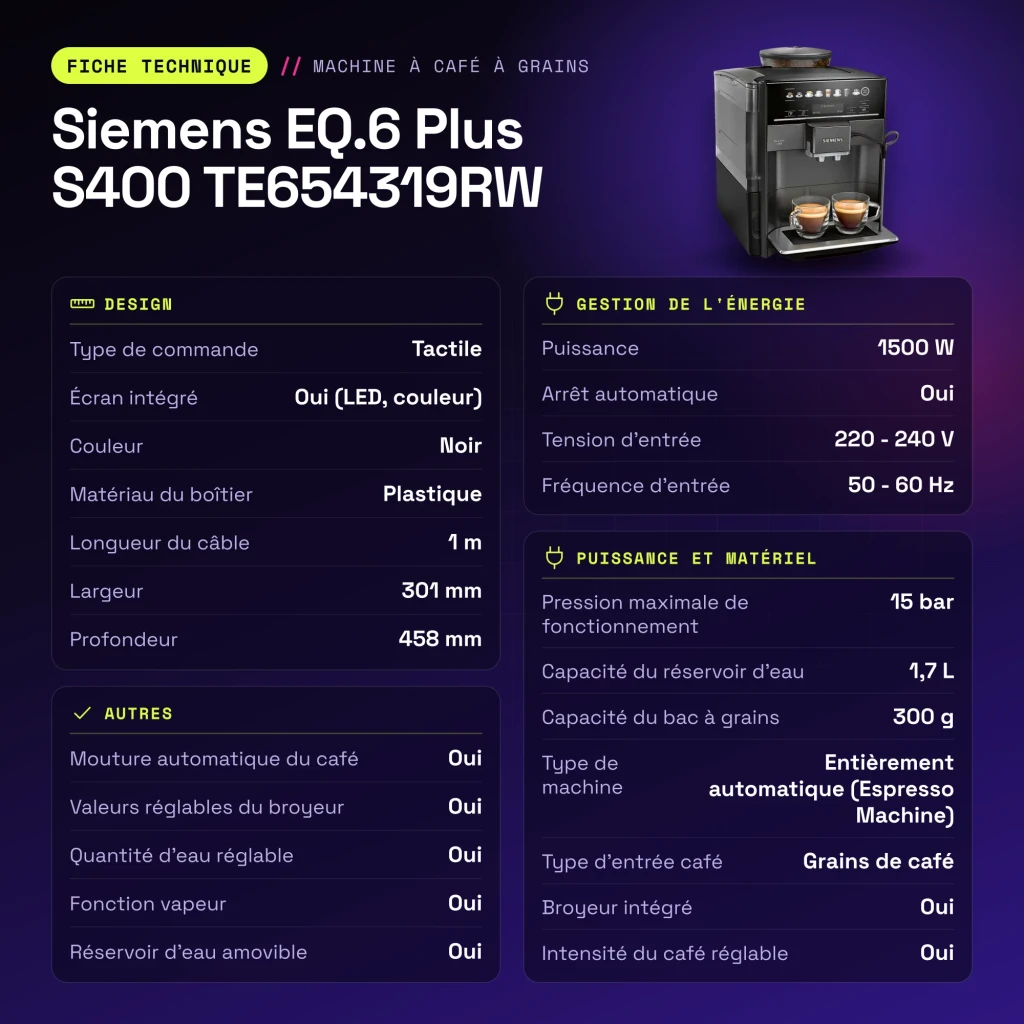 Cafetera Superautomática Siemens EQ.6 Plus S400 TE654319RW Molinillo Integrado Negro - características