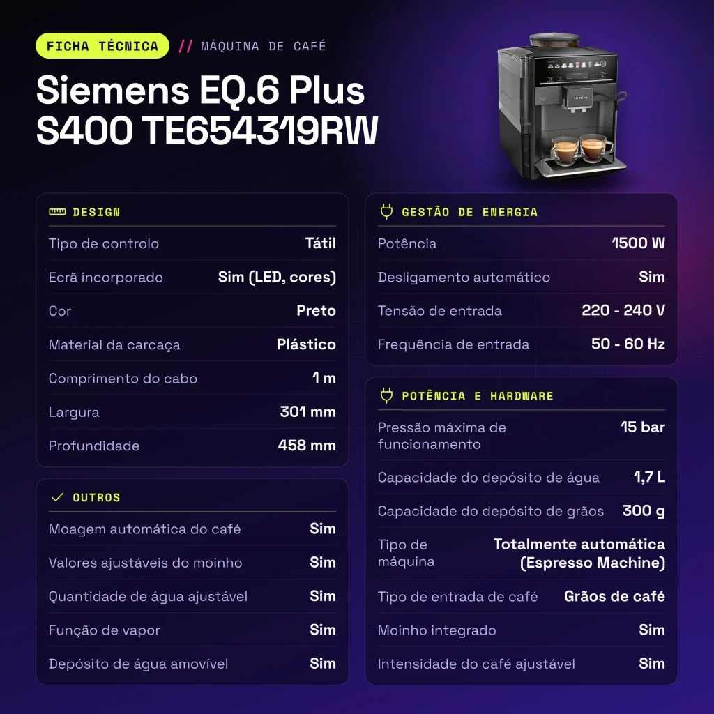 Cafetera Superautomática Siemens EQ.6 Plus S400 TE654319RW Molinillo Integrado Negro - características