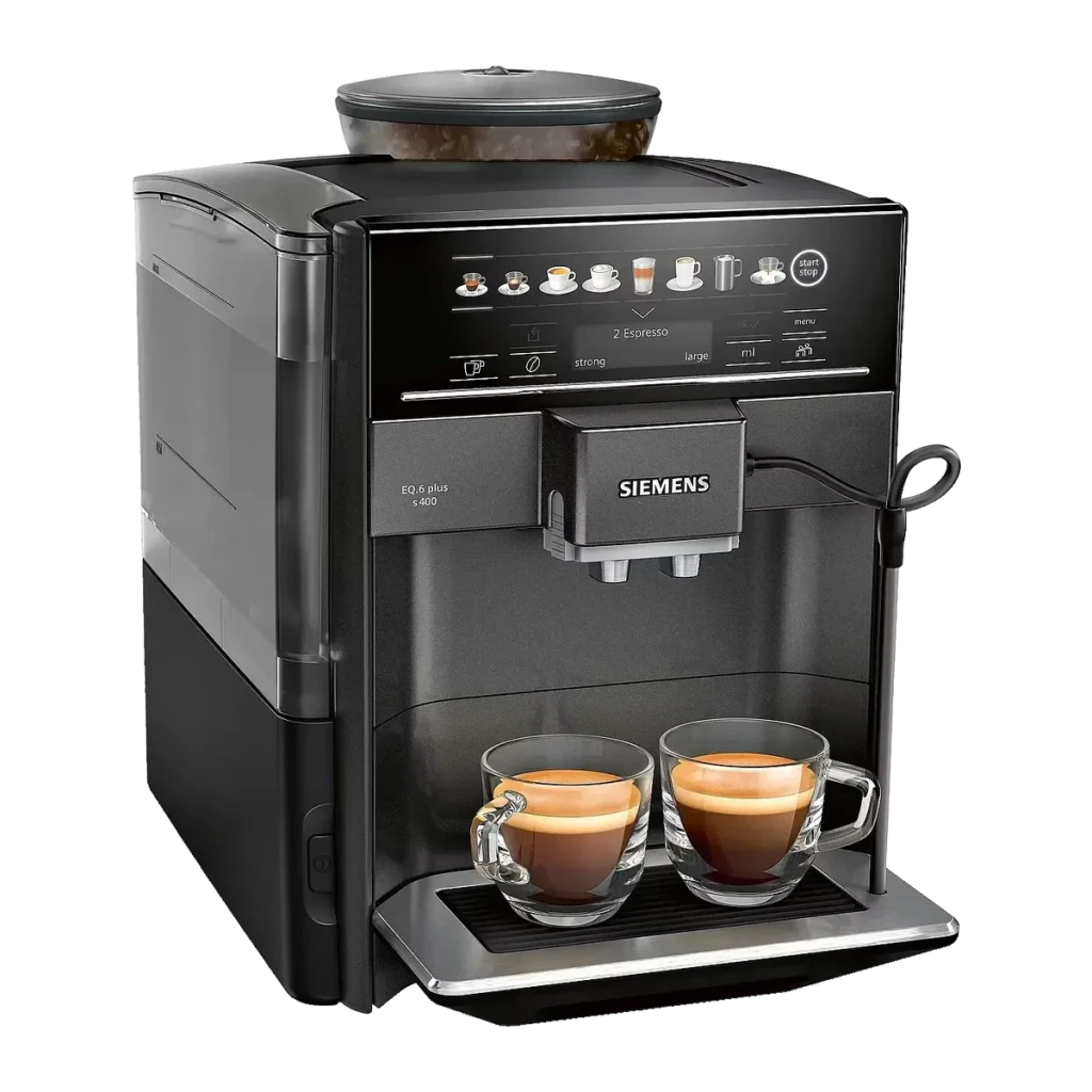 Cafetera Superautomática Siemens EQ.6 Plus S400 TE654319RW Molinillo Integrado Negro, vista frontal: panel táctil, tolva
