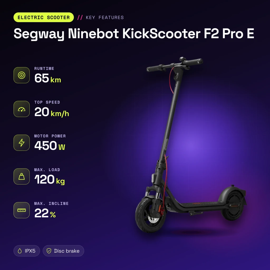 Patinete Eléctrico Segway Ninebot KickScooter F2 Pro E 450W 65km 20km/h 10 pulgadas Rojo - características