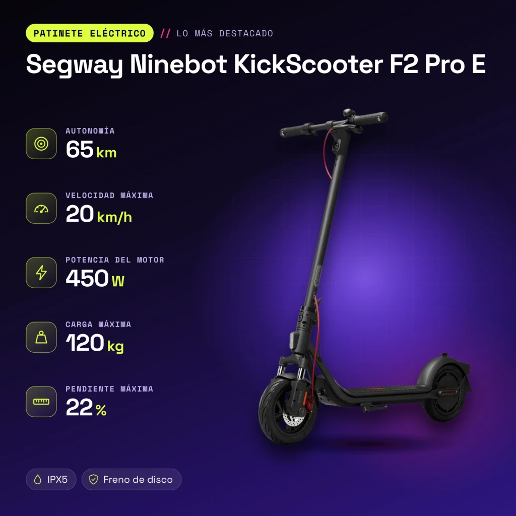 Patinete Eléctrico Segway Ninebot KickScooter F2 Pro E 450W 65km 20km/h 10 pulgadas Rojo - características