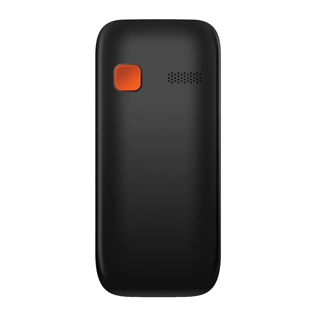 Maxcom MM426 SE 1.77 pulgadas Negro LCD 600mAh 2G GSM Dual SIM, vista trasera: tapa negra mate con botón naranja y altavoz
