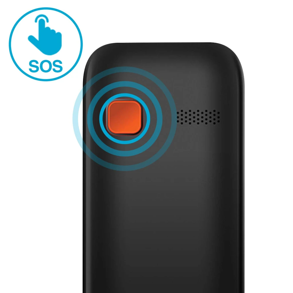 Maxcom MM426 SE 1.77 pulgadas Negro LCD 600mAh 2G GSM Dual SIM, detalle trasero: botón SOS naranja con ondas y altavoz