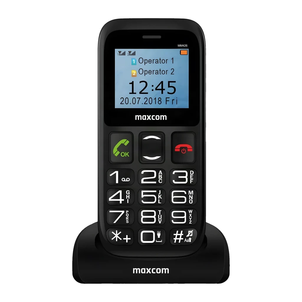 Maxcom MM426 SE 1.77 pulgadas Negro LCD 600mAh 2G GSM Dual SIM, detalle frontal: teclado grande, pantalla con doble SIM