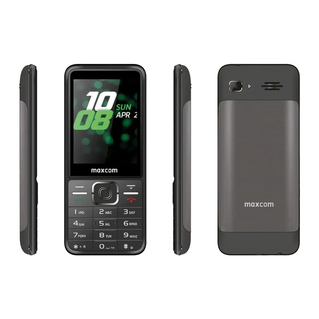 MaxCom Classic MM244 SE 2.8 polegadas Preto 2MP 1000mAh Dual SIM 2G, detalhe: vistas frontal, lateral e traseira com teclado