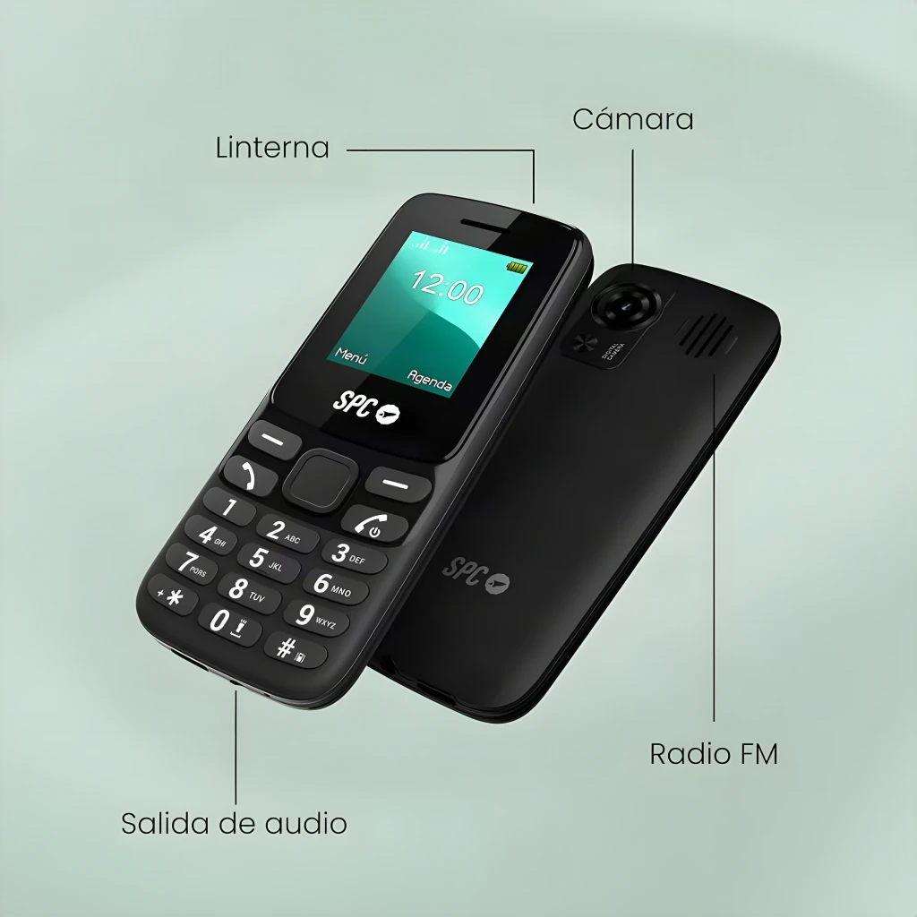 SPC Talk 2 Go 1,77 pulgadas 1000mAh Negro 2G GSM Dual SIM microSD 32GB, vistas frontal y trasera: linterna, cámara, radio FM