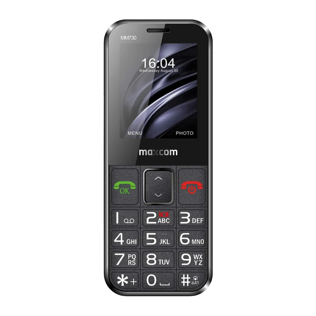 Maxcom Comfort MM730 2,2 pouces Noir 220x176px 2MP 800mAh, vue de face: écran allumé, grand clavier numérique et touches