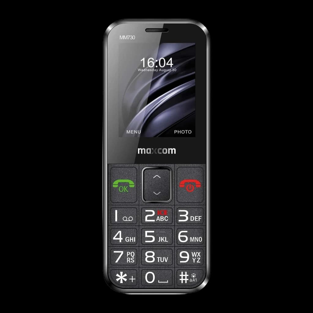 Maxcom Comfort MM730 2,2 pouces Noir 220x176px 2MP 800mAh, vue de face: écran allumé, grand clavier numérique et touches