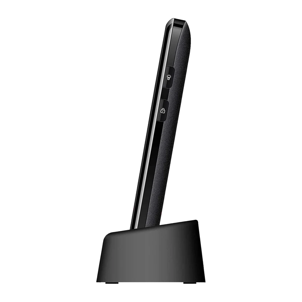 Maxcom Comfort MM730 2,2 pouces Noir 220x176px 2MP 800mAh, détail latéral: téléphone sur base de charge avec boutons lampe