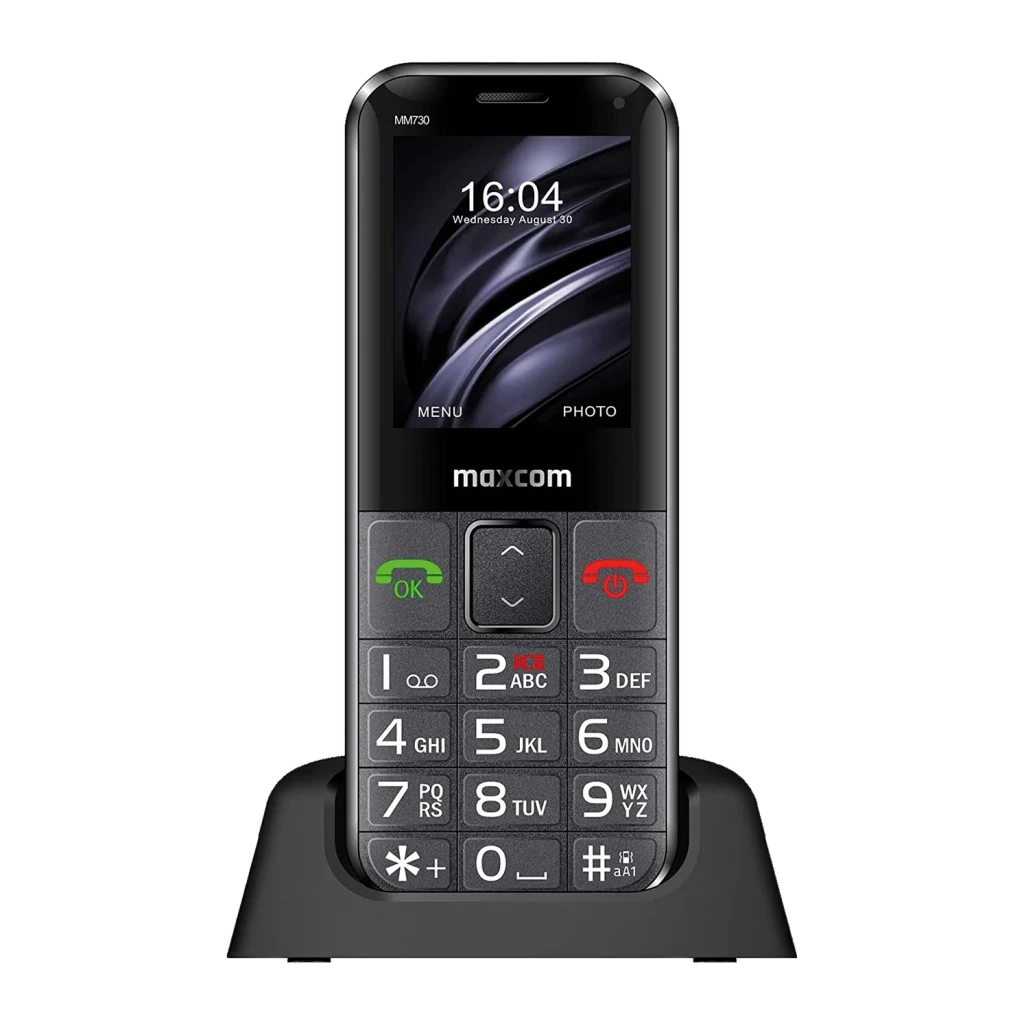 Maxcom Comfort MM730 2,2 pouces Noir 220x176px 2MP 800mAh, détail: vue avant sur socle de charge, grand clavier et écran