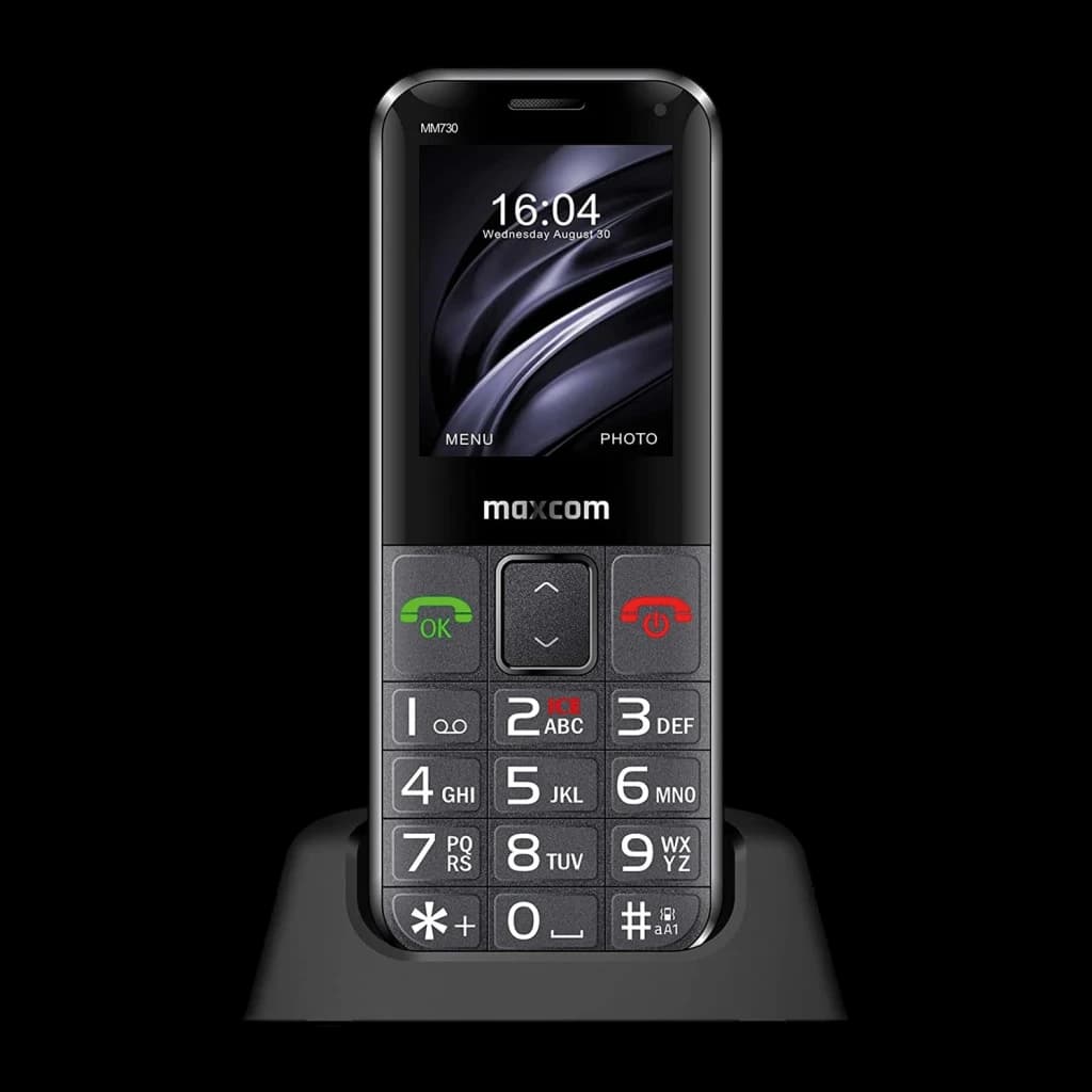 Maxcom Comfort MM730 2,2 pouces Noir 220x176px 2MP 800mAh, détail: vue avant sur socle de charge, grand clavier et écran