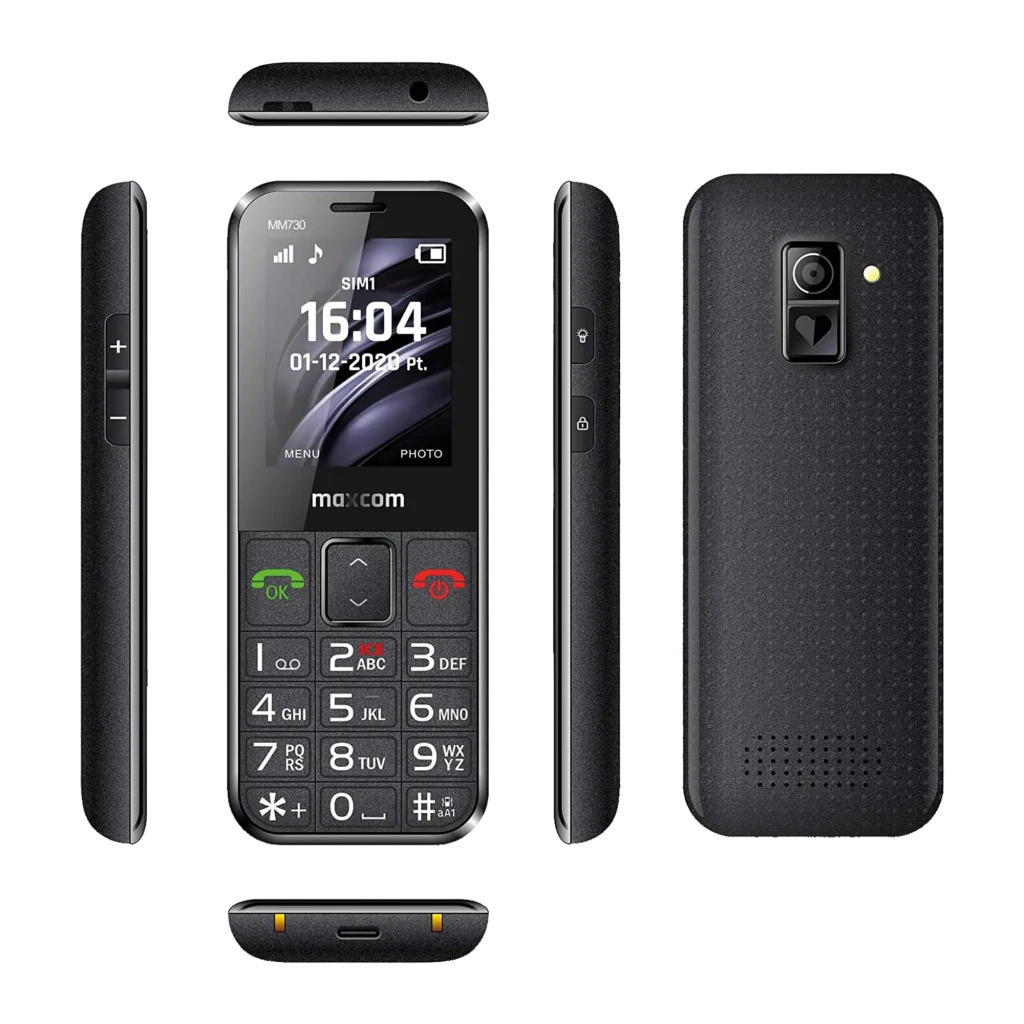 Maxcom Comfort MM730 2,2 pouces Noir 220x176px 2MP 800mAh, détail: vues avant, arrière et côtés avec grand clavier et module