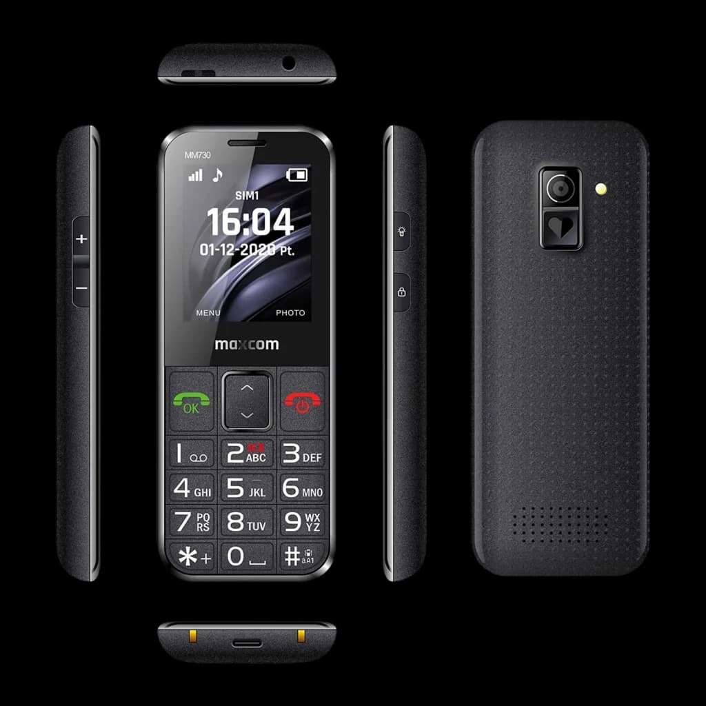Maxcom Comfort MM730 2,2 pouces Noir 220x176px 2MP 800mAh, détail: vues avant, arrière et côtés avec grand clavier et module