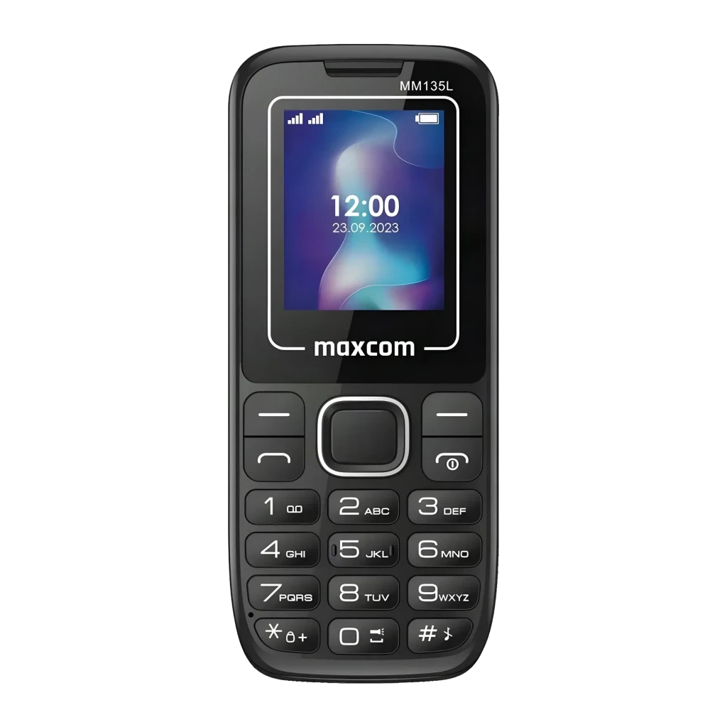 Maxcom MM135 Light Negro/Azul Negro 1,77 pulgadas, vista frontal: pantalla encendida con hora y teclado numérico completo